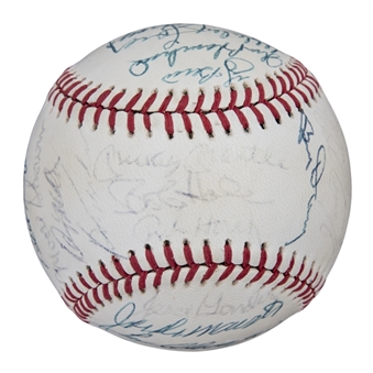 1961 New York Yankees Team Signed OAL Brown Reunion Baseball with 27 Signatures Including Berra, Ford, & Mantle (Beckett)